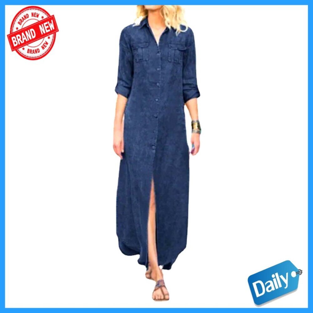 Vintage Denim Shirt Dress Maxi Long Sleeve Button Down Boho Casual Chic